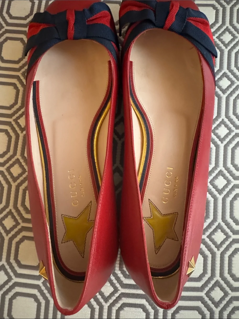 Gucci Red Leather Flats with Navy Ribbon Bow